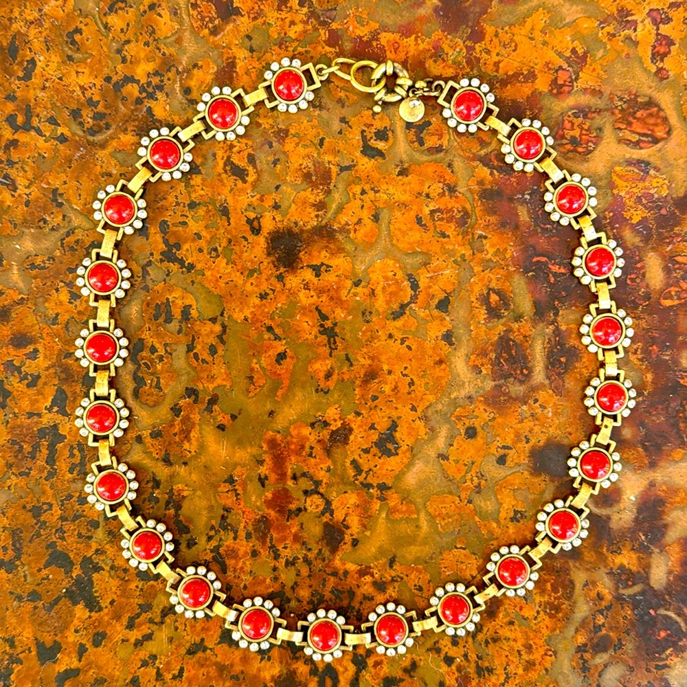 J Crew Crystal Orange Bubble Stone Burst Statement Necklace Antique Gold 18”